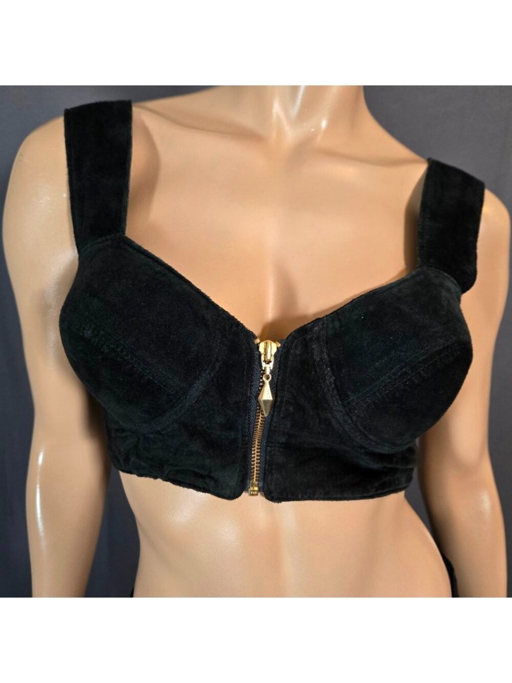 Vintage 90s Black Suede Zip Front Bra Crop Top Size S Goth Grunge Rocker